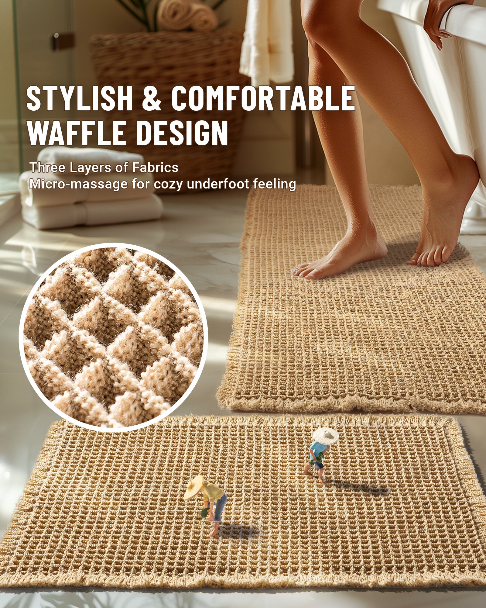 Large Waffle Bath Mat Set, Non Slip Bath Mat Set, Ultra Absorbent Bath Mats for Bathroom Decor, Extra Soft Floor Bathroom Rugs Sets 2 Piece, Washable Bath Rugs (20"×47" and 16"×24")