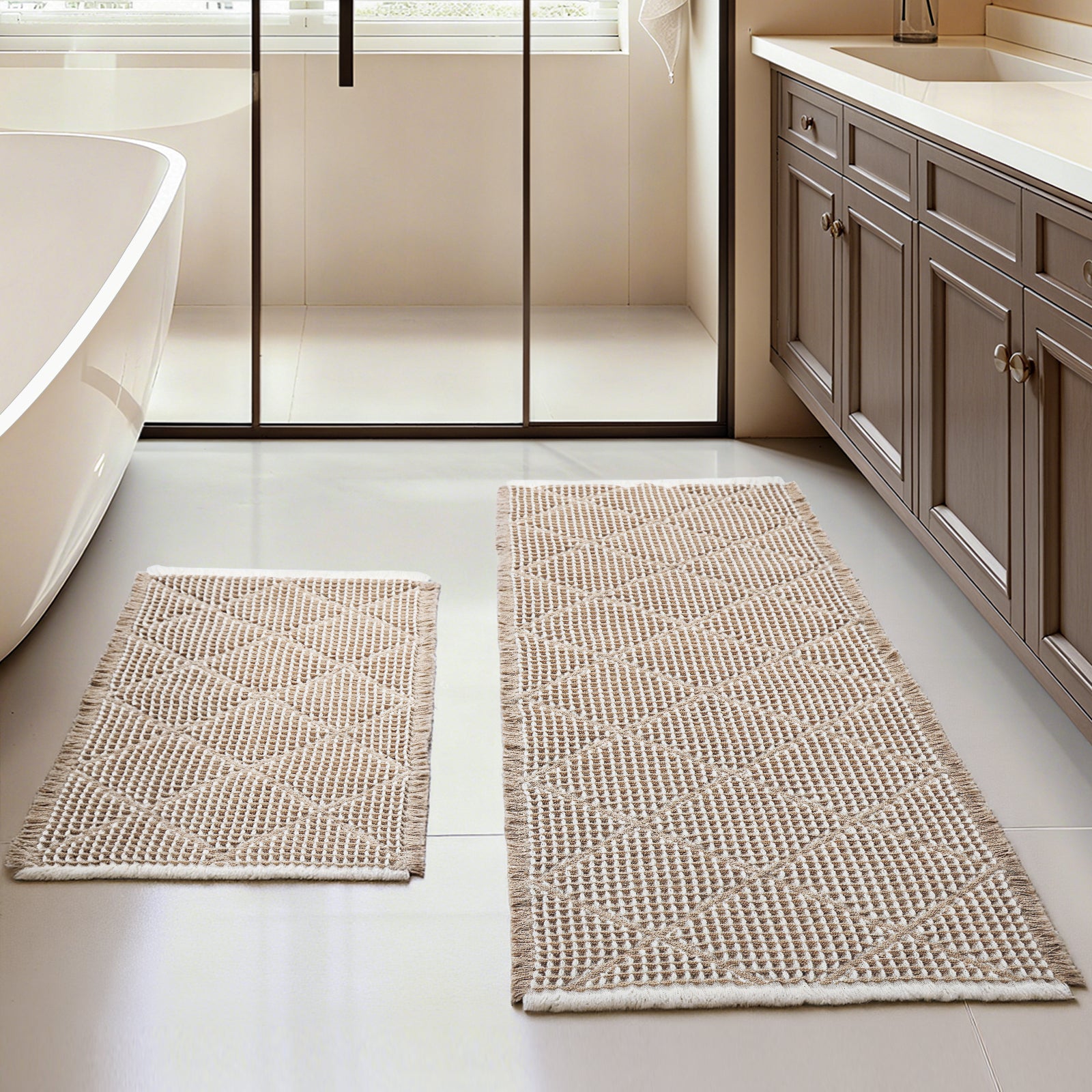 Waffle Bath Mat Set, Non Slip Bathroom Rugs Sets 2 Piece, Ultra Absorbent Long Bath Rug Runner for Bathroom Decor, Machine Washable Boho Mats, Grey & White, 20"×47" Plus 18"×30"