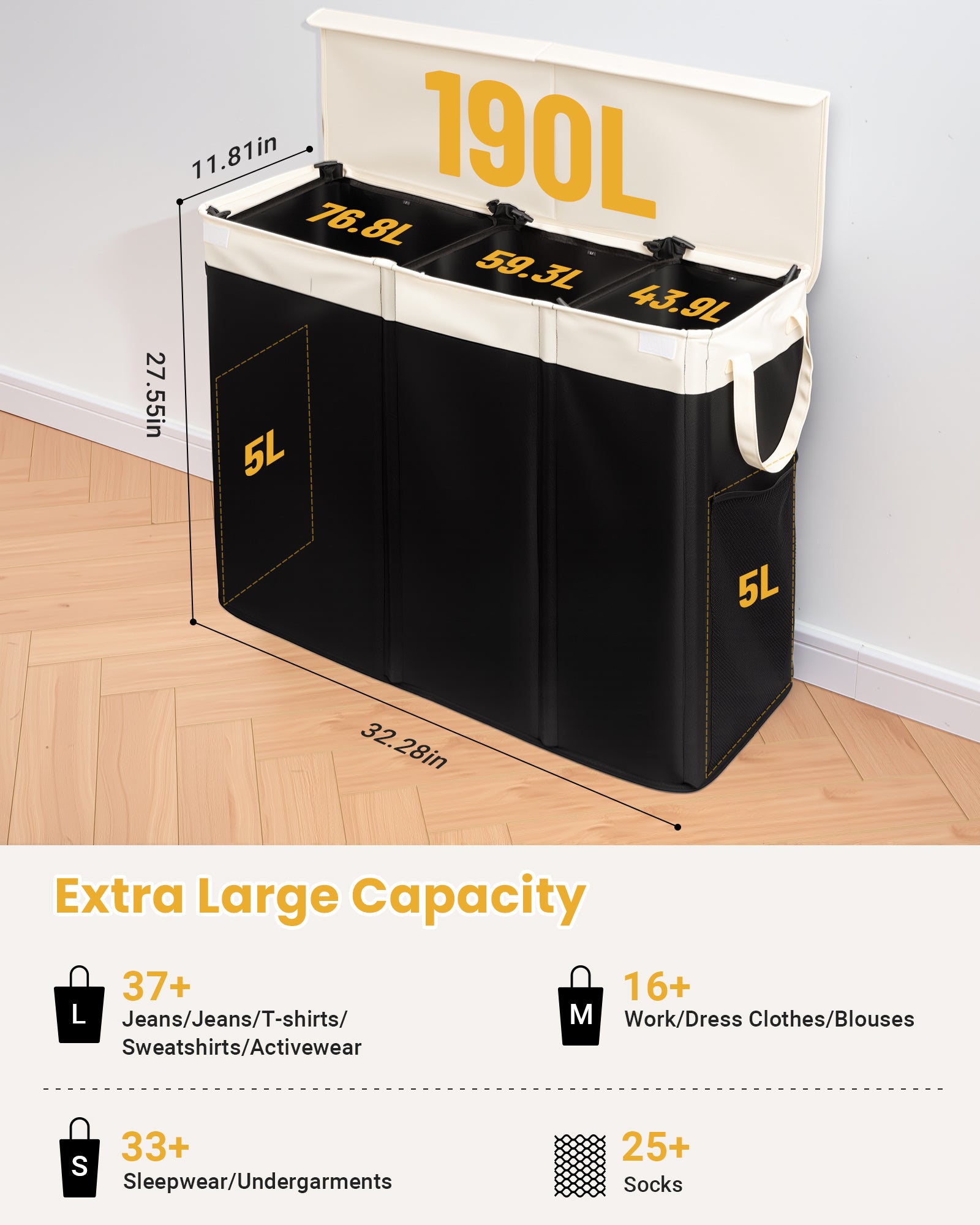 190L Laundry Hamper with Lid, Large Laundry Basket with Lid and 3 Section, Sturdy Laundry Baskets with 3 Removable Bags (L M S), Dirty Clothes Hamper Organizer for Laundry Room, Bedroom and Dorm Room