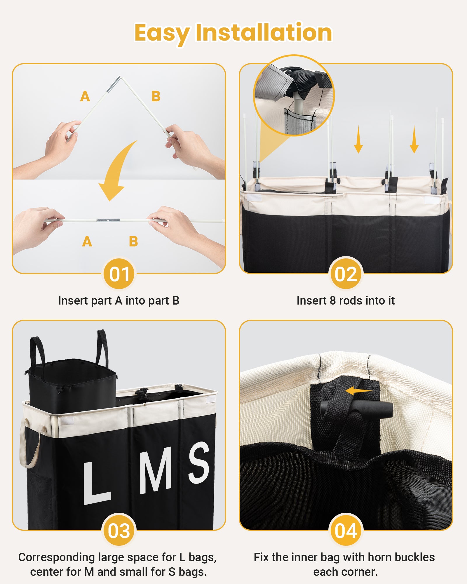 190L Laundry Hamper with Lid, Large Laundry Basket with Lid and 3 Section, Sturdy Laundry Baskets with 3 Removable Bags (L M S), Dirty Clothes Hamper Organizer for Laundry Room, Bedroom and Dorm Room