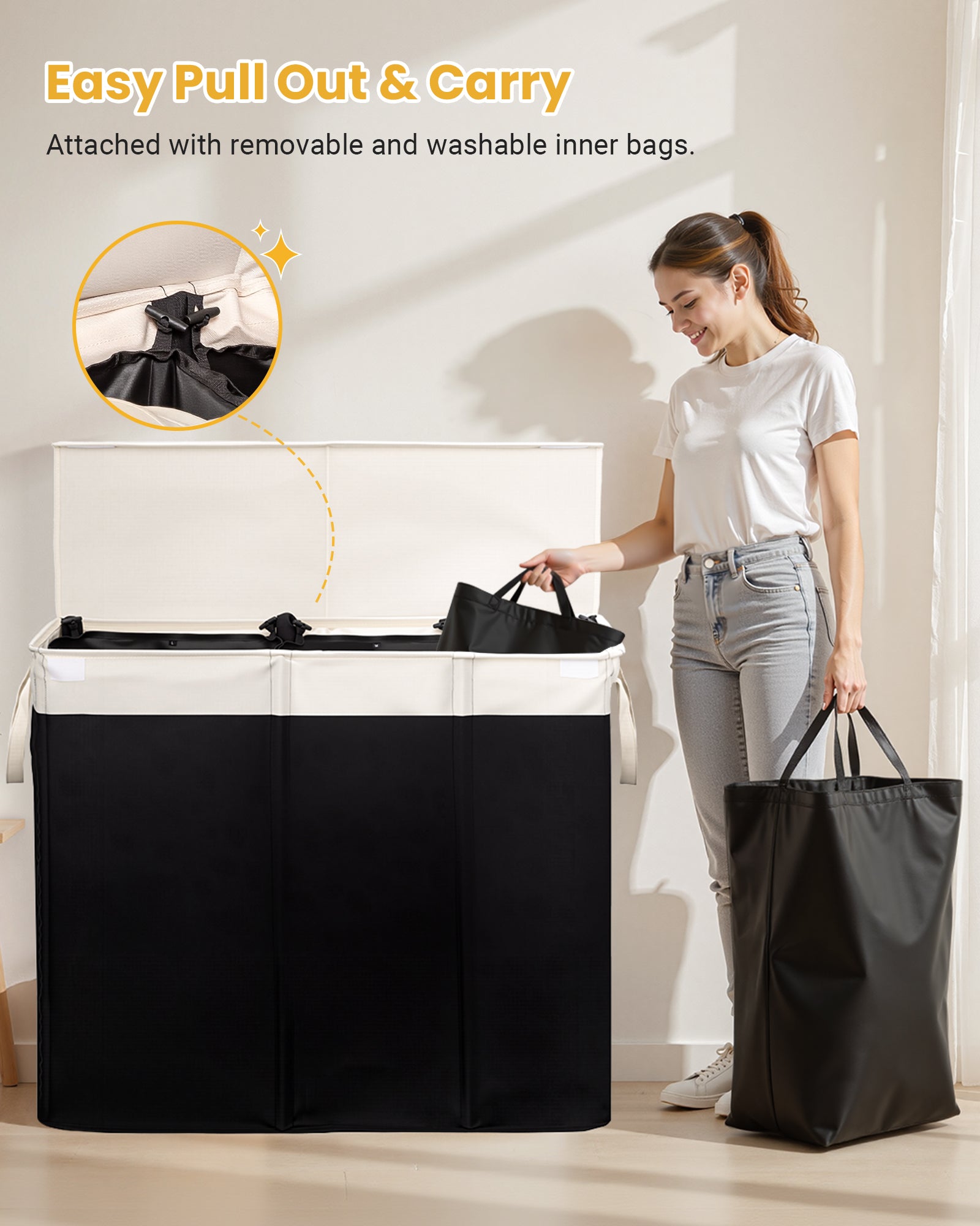 190L Laundry Hamper with Lid, Large Laundry Basket with Lid and 3 Section, Sturdy Laundry Baskets with 3 Removable Bags (L M S), Dirty Clothes Hamper Organizer for Laundry Room, Bedroom and Dorm Room