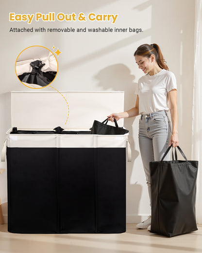 190L Laundry Hamper with Lid, Large Laundry Basket with Lid and 3 Section, Sturdy Laundry Baskets with 3 Removable Bags (L M S), Dirty Clothes Hamper Organizer for Laundry Room, Bedroom and Dorm Room