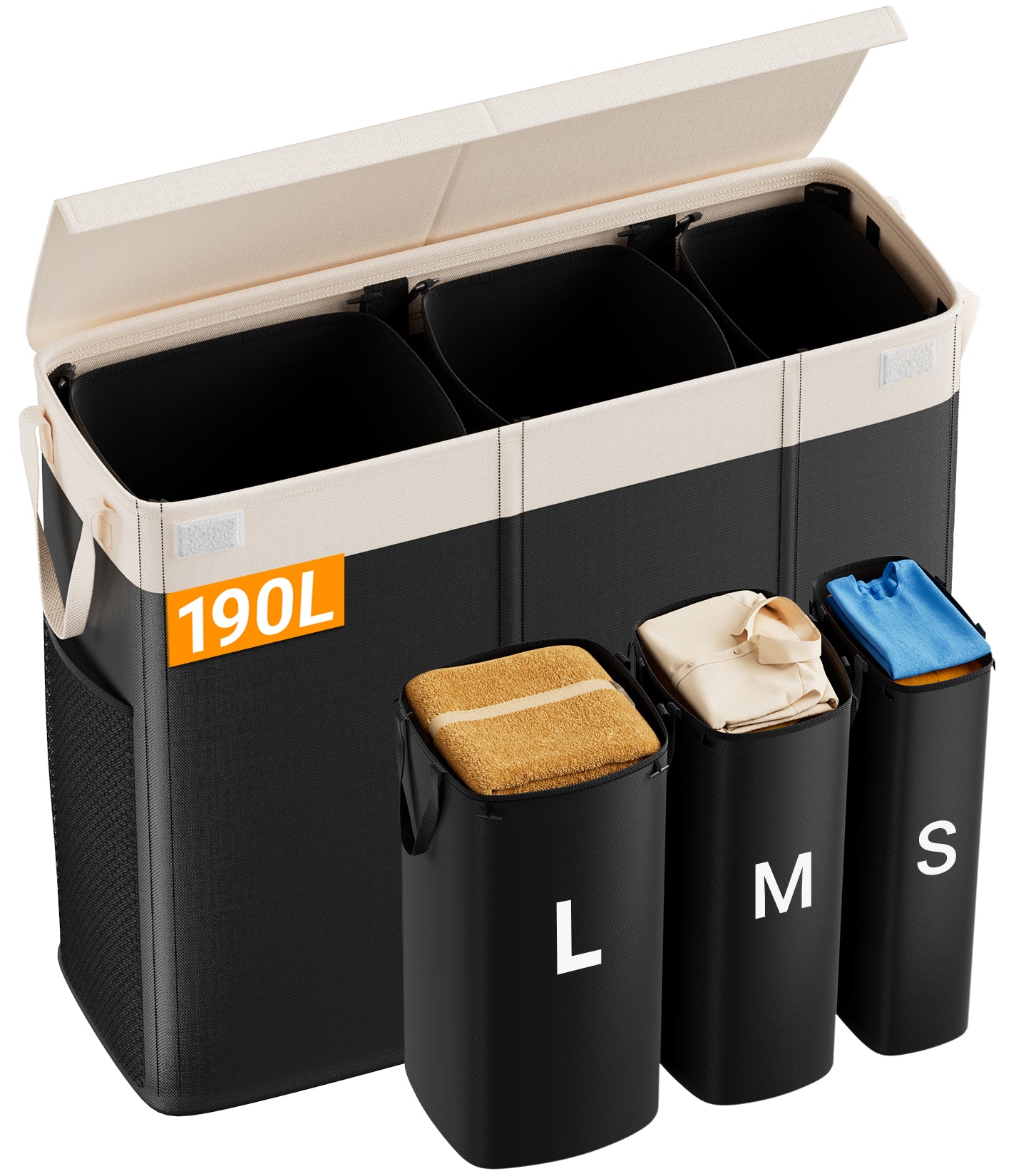 190L Laundry Hamper with Lid, Large Laundry Basket with Lid and 3 Section, Sturdy Laundry Baskets with 3 Removable Bags (L M S), Dirty Clothes Hamper Organizer for Laundry Room, Bedroom and Dorm Room