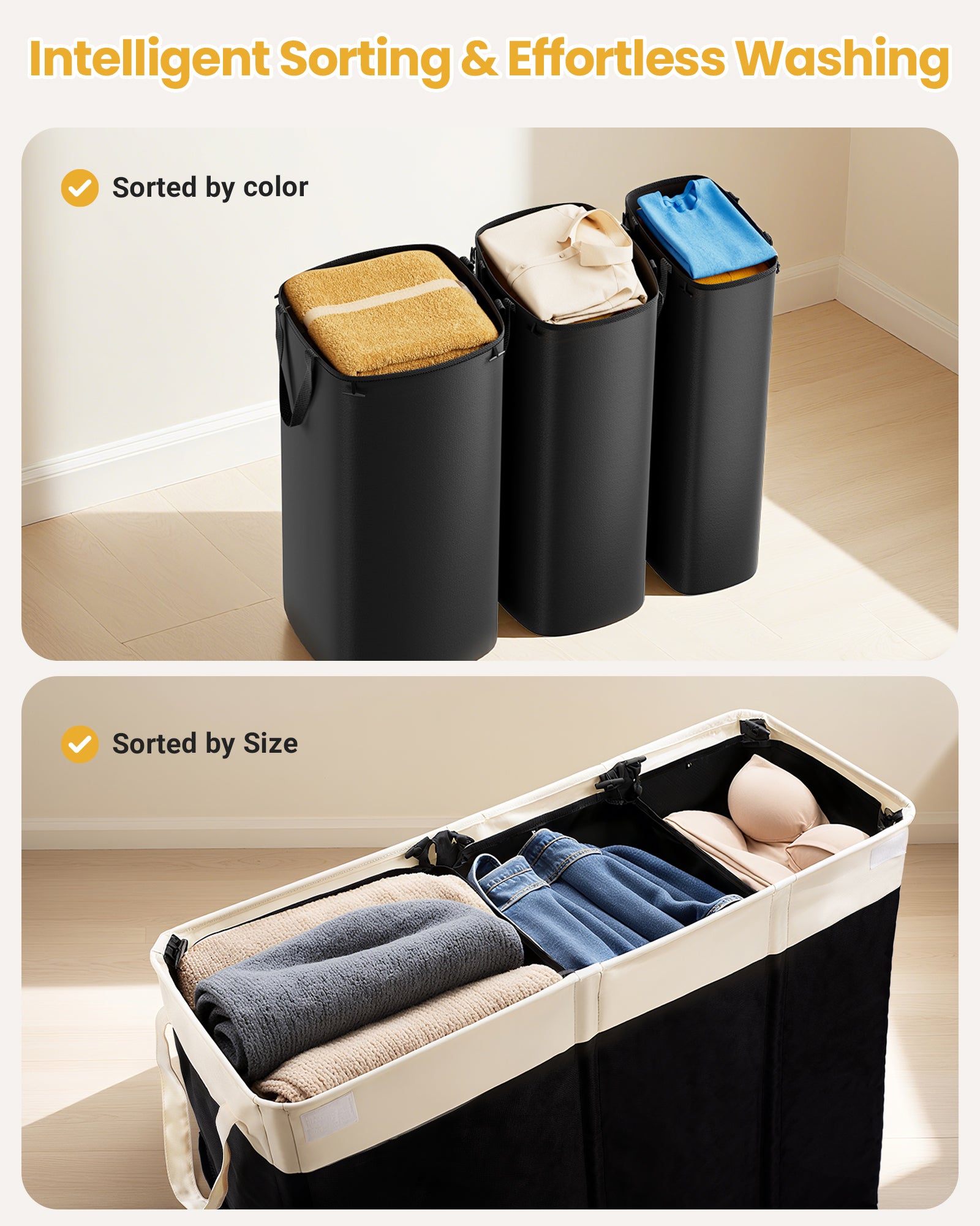 190L Laundry Hamper with Lid, Large Laundry Basket with Lid and 3 Section, Sturdy Laundry Baskets with 3 Removable Bags (L M S), Dirty Clothes Hamper Organizer for Laundry Room, Bedroom and Dorm Room