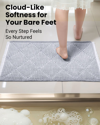 Waffle Bath Mat Set, Non Slip Bathroom Rugs Sets 2 Piece, Ultra Absorbent Long Bath Rug Runner for Bathroom Decor, Machine Washable Boho Mats, Grey & White, 20"×47" Plus 18"×30"