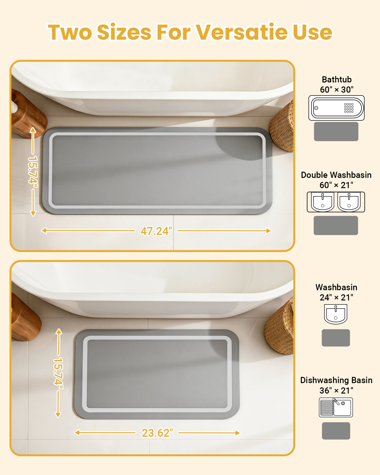 Soft Diatomaceous Earth Bath Mat, Quick Dry Bathroom Mats 2 Piece, Gray Super Absorbent Bath Mat Set, Non Slip Bathroom Rugs, Washable Long Bath Room Runner Decor, 15.74" x 23.62" Plus 15.74" x 47.2"