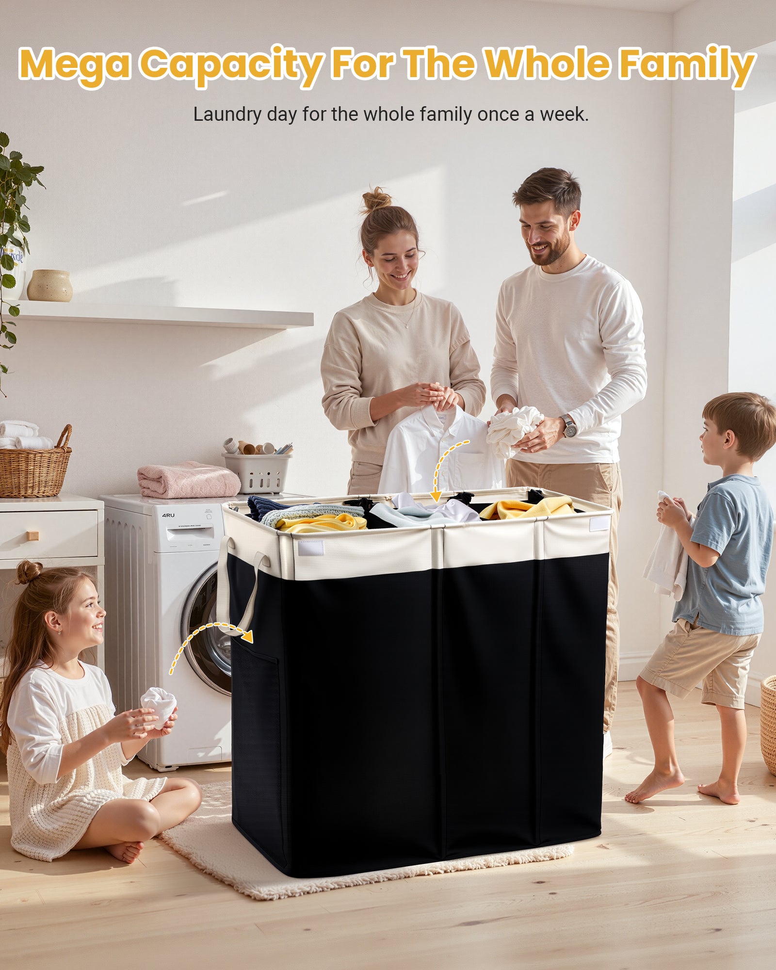 190L Laundry Hamper with Lid, Large Laundry Basket with Lid and 3 Section, Sturdy Laundry Baskets with 3 Removable Bags (L M S), Dirty Clothes Hamper Organizer for Laundry Room, Bedroom and Dorm Room