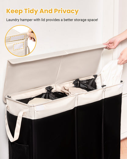 190L Laundry Hamper with Lid, Large Laundry Basket with Lid and 3 Section, Sturdy Laundry Baskets with 3 Removable Bags (L M S), Dirty Clothes Hamper Organizer for Laundry Room, Bedroom and Dorm Room