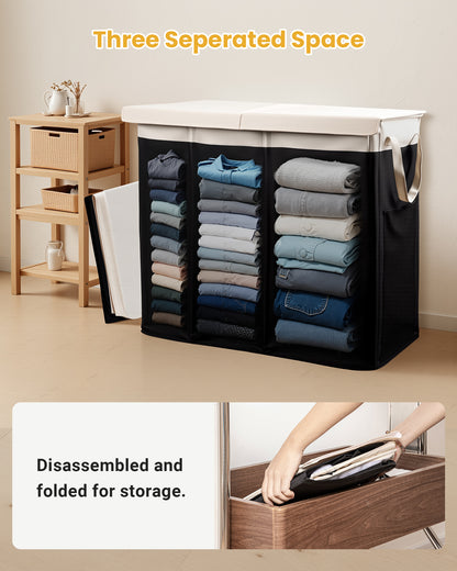 190L Laundry Hamper with Lid, Large Laundry Basket with Lid and 3 Section, Sturdy Laundry Baskets with 3 Removable Bags (L M S), Dirty Clothes Hamper Organizer for Laundry Room, Bedroom and Dorm Room