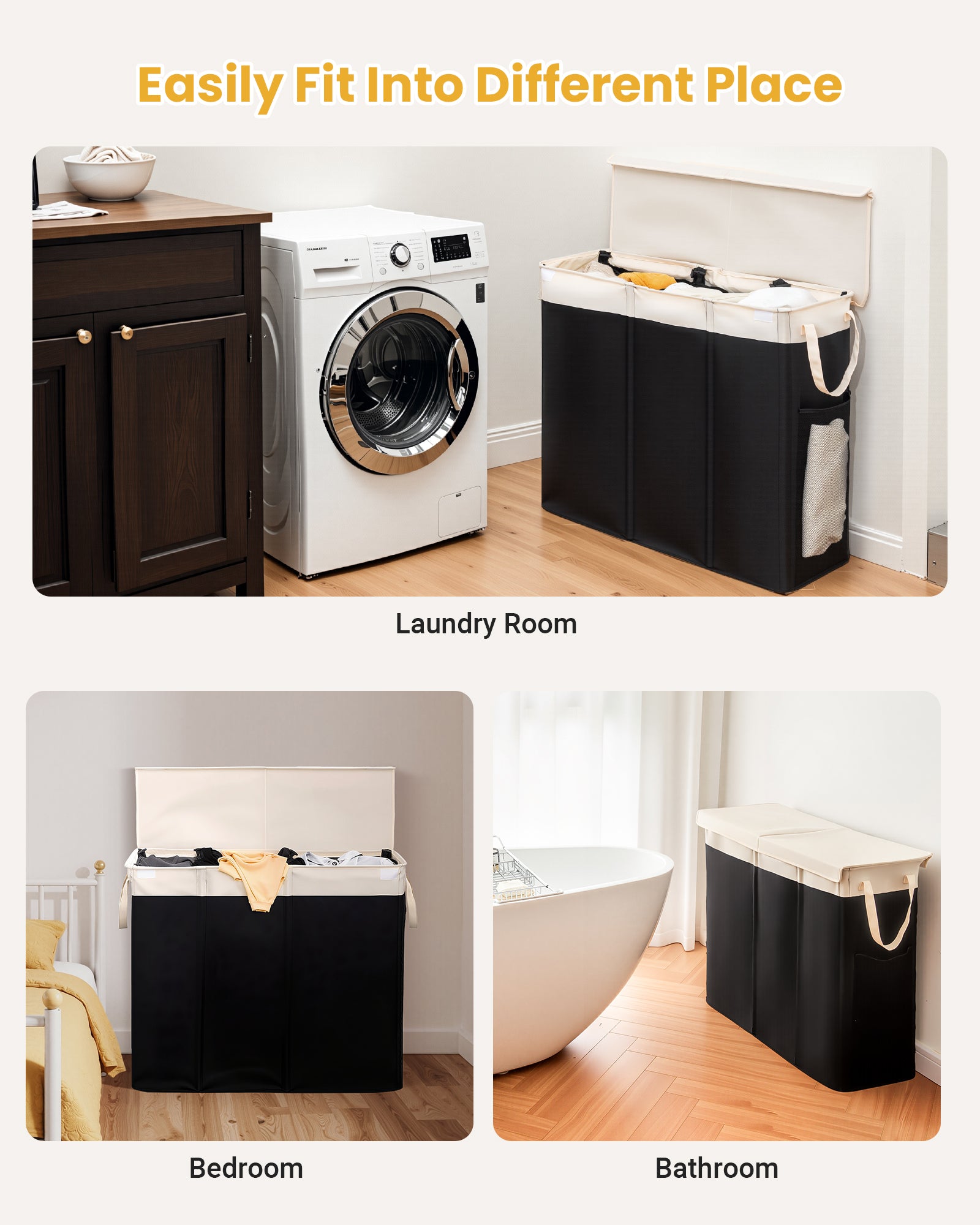 190L Laundry Hamper with Lid, Large Laundry Basket with Lid and 3 Section, Sturdy Laundry Baskets with 3 Removable Bags (L M S), Dirty Clothes Hamper Organizer for Laundry Room, Bedroom and Dorm Room