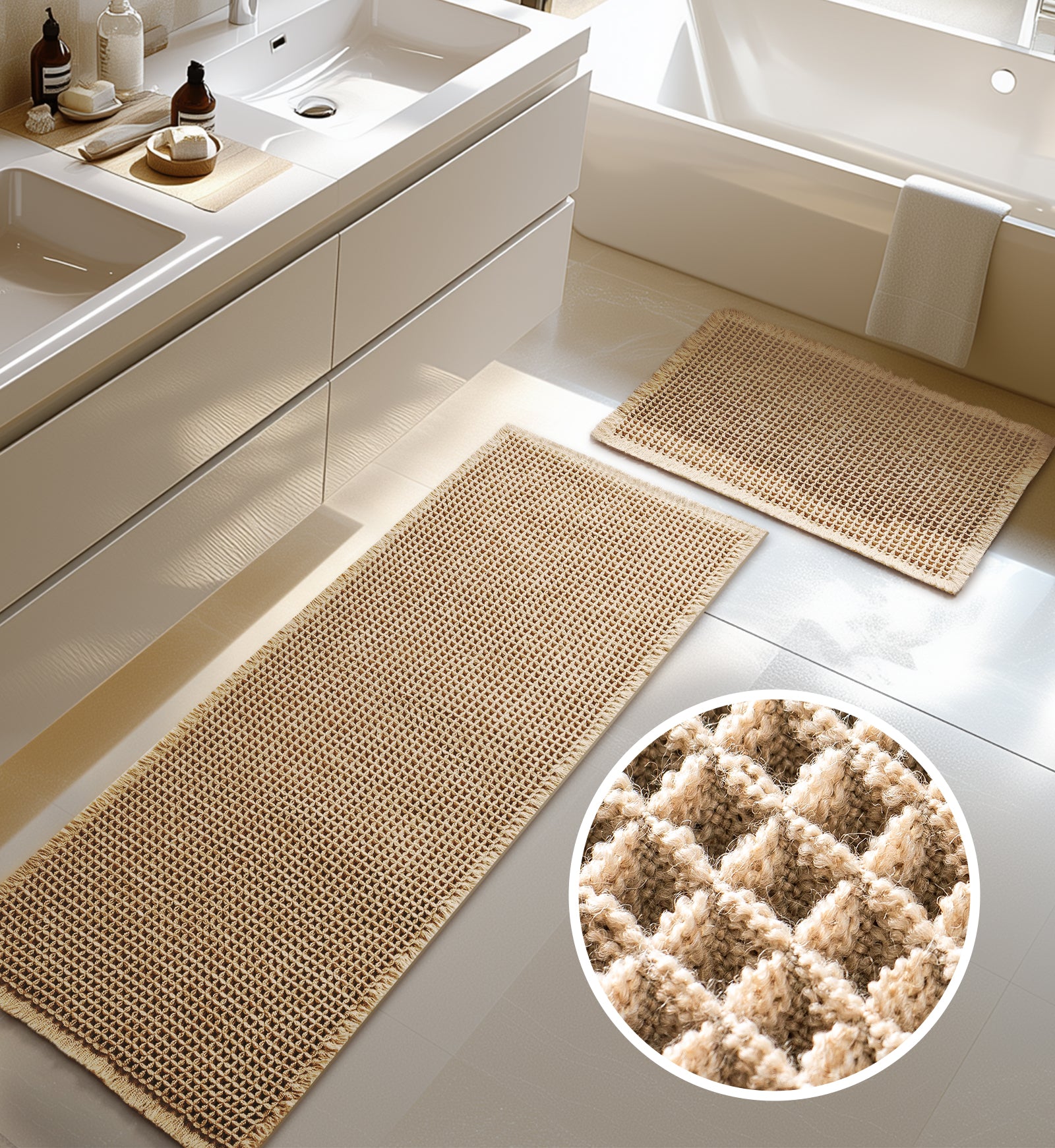 Large Waffle Bath Mat Set, Non Slip Bath Mat Set, Ultra Absorbent Bath Mats for Bathroom Decor, Extra Soft Floor Bathroom Rugs Sets 2 Piece, Washable Bath Rugs (20"×47" and 16"×24")